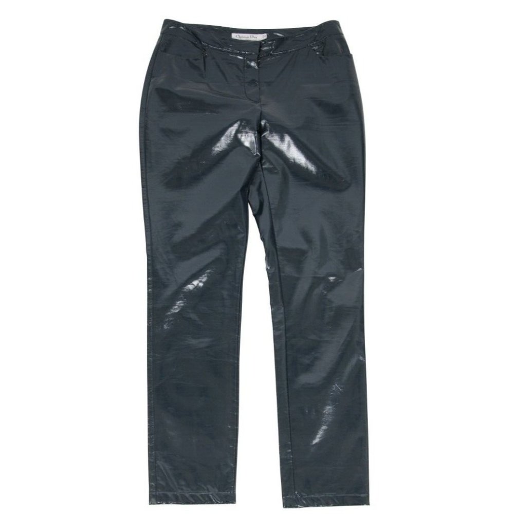 Dior Womens PVC Pants US 8 F 40 Shinny Viscose Anthracite Blue Slim Fit Trousers